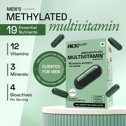 Ace Blend Multivitamin Capsules for Men | Pack of 60 | Methylated Multivitamin with 19 Essential Nutrients | Quatrefolic, MenaQ7 & Vitashine D3 | Supports Energy, Immunity, Focus & Heart Health