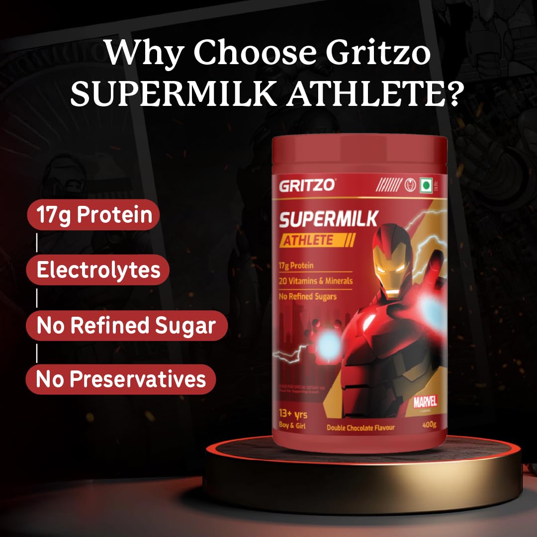 Gritzo SuperMilk Athlete Iron Man (13+y Boy & Girl), 17g Protein Powder (Double Chocolate, 400g) | No Refined Sugars, 20 Vitamins & Minerals