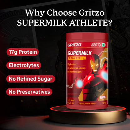 Gritzo SuperMilk Athlete Iron Man (13+y Boy & Girl), 17g Protein Powder (Double Chocolate, 400g) | No Refined Sugars, 20 Vitamins & Minerals