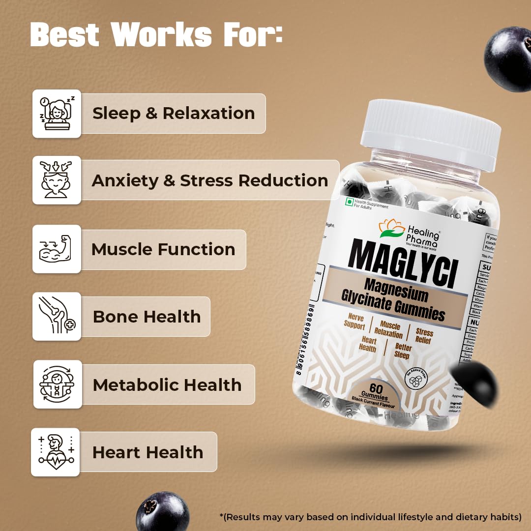 Healing Pharma - Maglyci Magnesium Glycinate Gummies for Better Sleep, Stress Relief and Muscle Relaxation | With Vitamin D3 & B6 | Zero Added Sugar | Magnesium Glycinate Supplement For Men & Women- 60 Gummies Black Currant Flavour