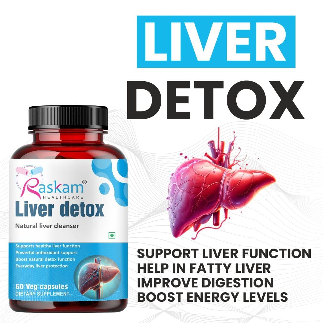 Raskam Liver Detox Supplement - Natural Detoxification Formula - Milk Thistle - Digestive Enzymes - Supports Liver - Fit Health Fatty Liver Care - Body Detox Support - 100 Capsules