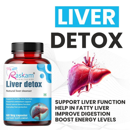 Raskam Liver Detox Supplement - Natural Detoxification Formula - Milk Thistle - Digestive Enzymes - Supports Liver - Fit Health Fatty Liver Care - Body Detox Support - 100 Capsules