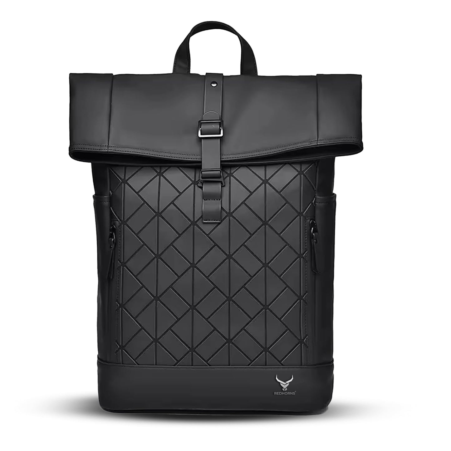 REDHORNS 30L Waterproof 15.6-inch Laptop Roll Top Backpack for Men and Women, Unisex PU Leather Laptop Bag for Office, School, College, Business Bag with Multiple Compartments (Black)