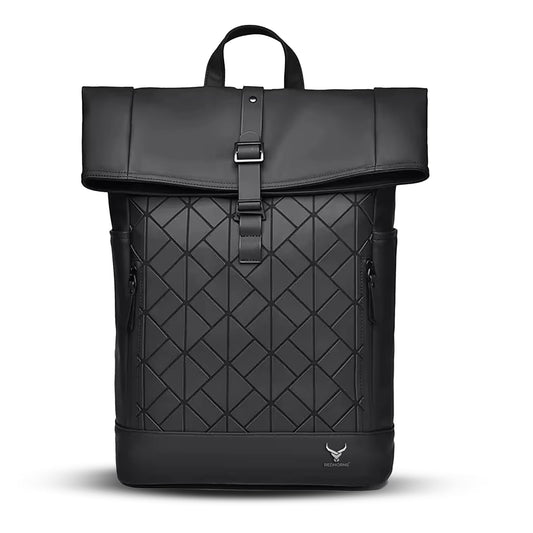REDHORNS 30L Waterproof 15.6-inch Laptop Roll Top Backpack for Men and Women, Unisex PU Leather Laptop Bag for Office, School, College, Business Bag with Multiple Compartments (Black)