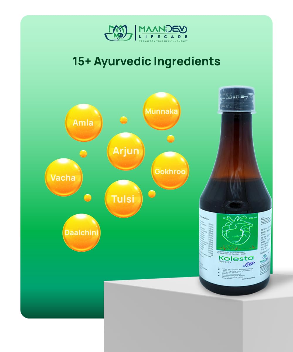 Maandev Lifecare Kolesta Ayurvedic Heart Health Syrup | With Arjuna, Apple Cider, Garlic & Ginger | Herbal Juice for Cholesterol, Blood Pressure & Circulation | 200ml