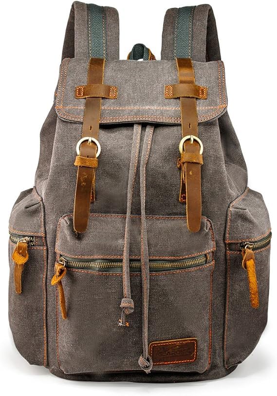 GEARONIC TM 21L Vintage Canvas Backpack for Men Leather Rucksack Knapsack 15 inch Laptop Tote Satchel School Military Army Shoulder Rucksack Hiking Bag Gray