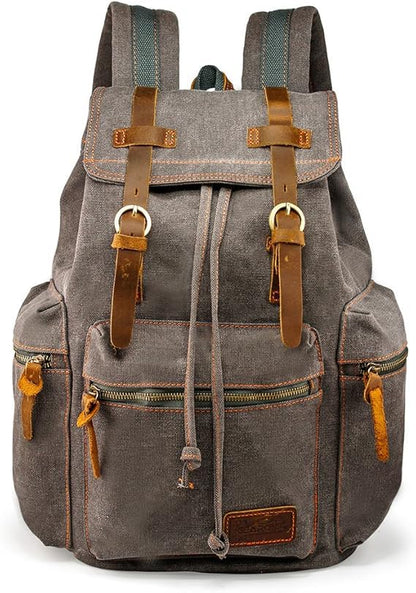 GEARONIC TM 21L Vintage Canvas Backpack for Men Leather Rucksack Knapsack 15 inch Laptop Tote Satchel School Military Army Shoulder Rucksack Hiking Bag Gray