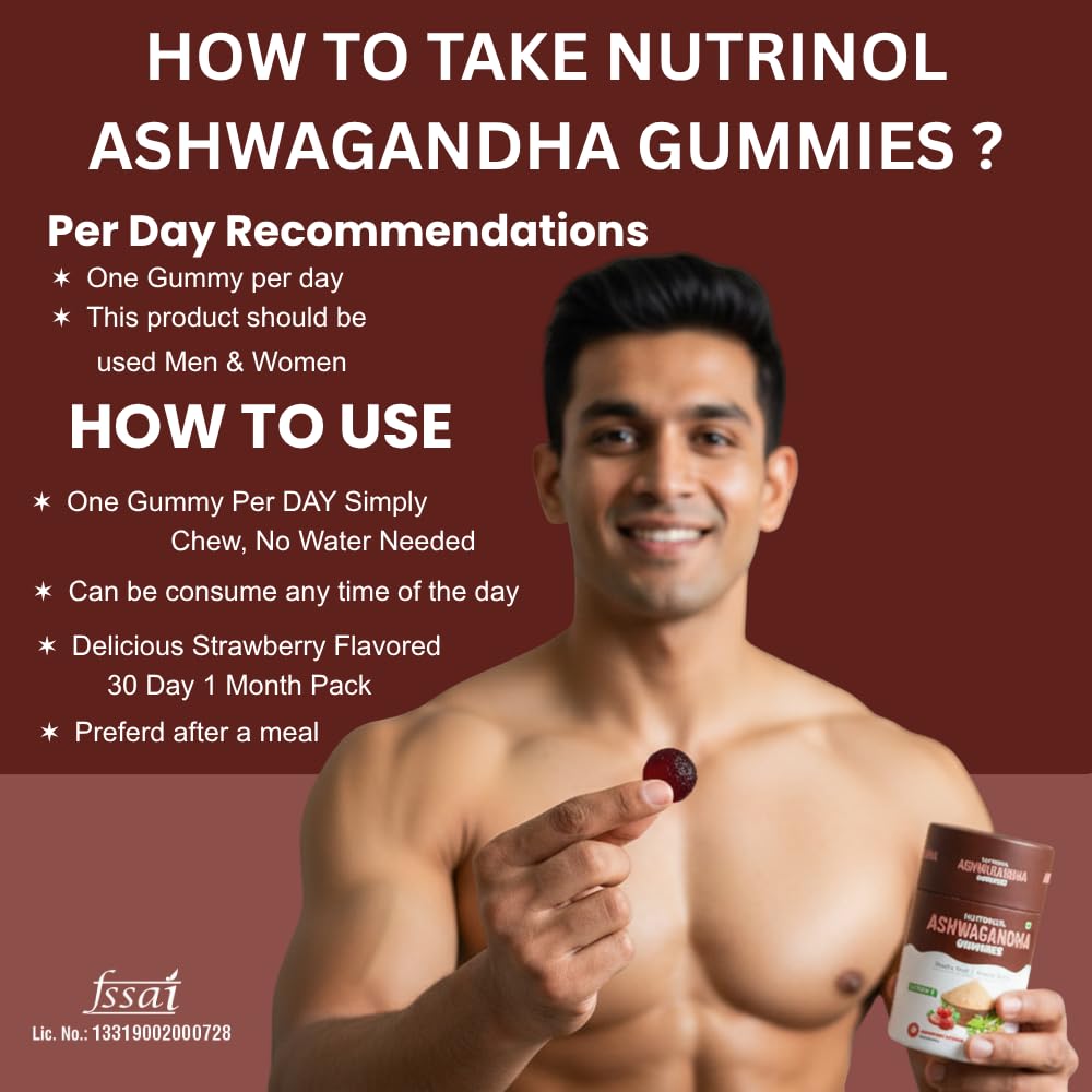 Knoll Healthcare Nutrinol Ashwagandha Gummies for Men & Women | 250mg Withania Somnifera + Vitamin E | Stress Relief, Energy, Brain Support | No Added Sugar | Strawberry Flavour | 30 Gummies