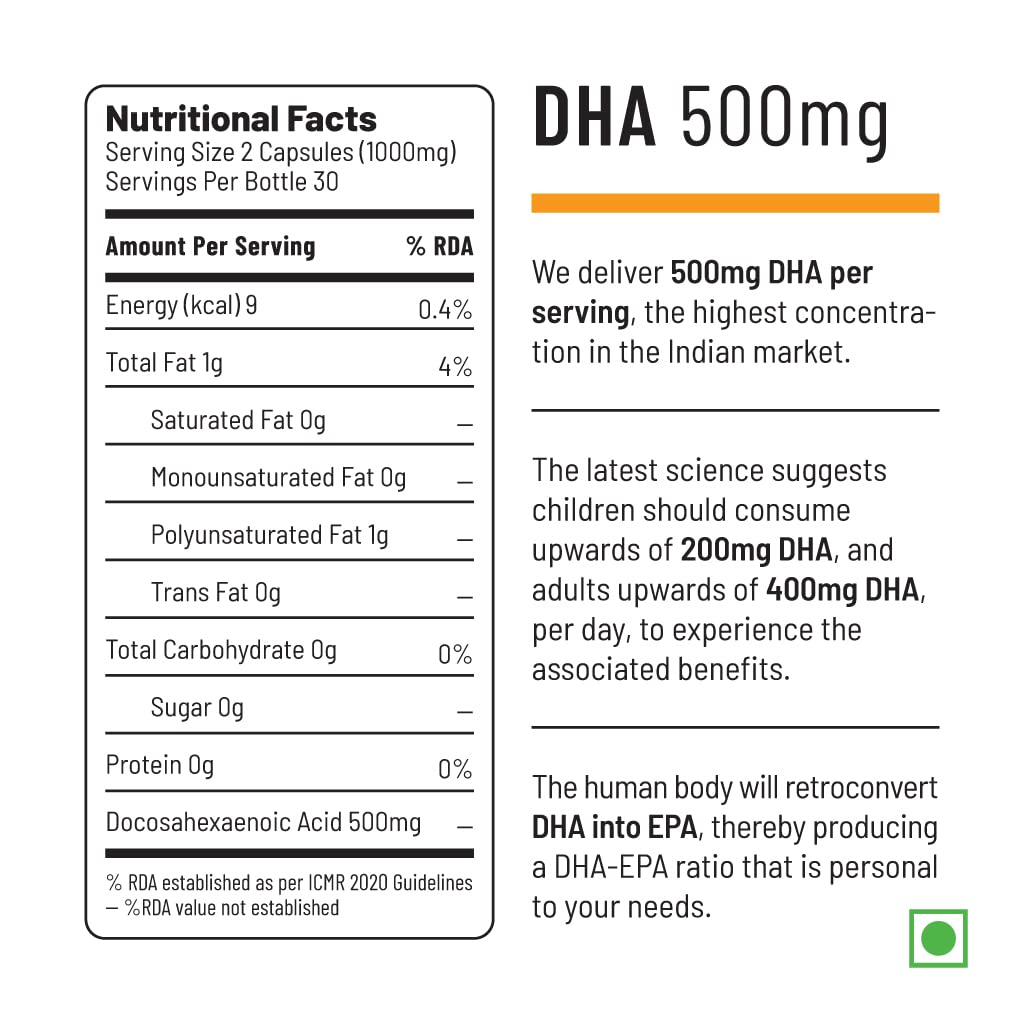 Unived OVEGHA Plant-Based Omega-3 DHA | 1000mg Algae Oil 500mg DHA Per Serving | for Heart, Hair, Skin, Joint, Brain & Eye Health | 60 Vegan Capsules