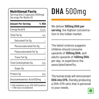 Unived OVEGHA Plant-Based Omega-3 DHA | 1000mg Algae Oil 500mg DHA Per Serving | for Heart, Hair, Skin, Joint, Brain & Eye Health | 60 Vegan Capsules