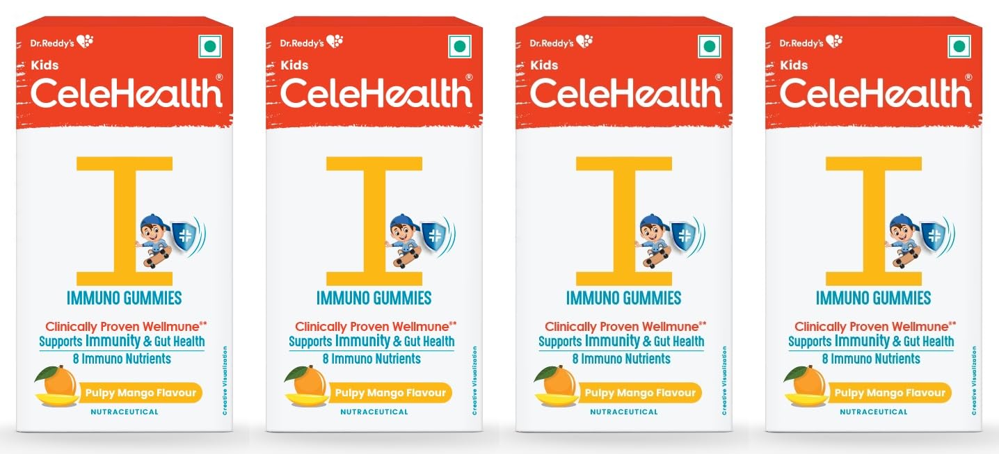 Dr. Reddy's CeleHealth Kidz Immuno Plus Multivitamin Gummies with Wellmune, Vitamin C & Zinc for Kids (4 - 12 Years) | Supports Immunity and Digestion | Pulpy Mango Flavour | 30 Gummies - Pack of 4 | 100% Vegetarian