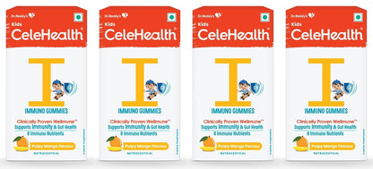 Dr. Reddy's CeleHealth Kidz Immuno Plus Multivitamin Gummies with Wellmune, Vitamin C & Zinc for Kids (4 - 12 Years) | Supports Immunity and Digestion | Pulpy Mango Flavour | 30 Gummies - Pack of 4 | 100% Vegetarian