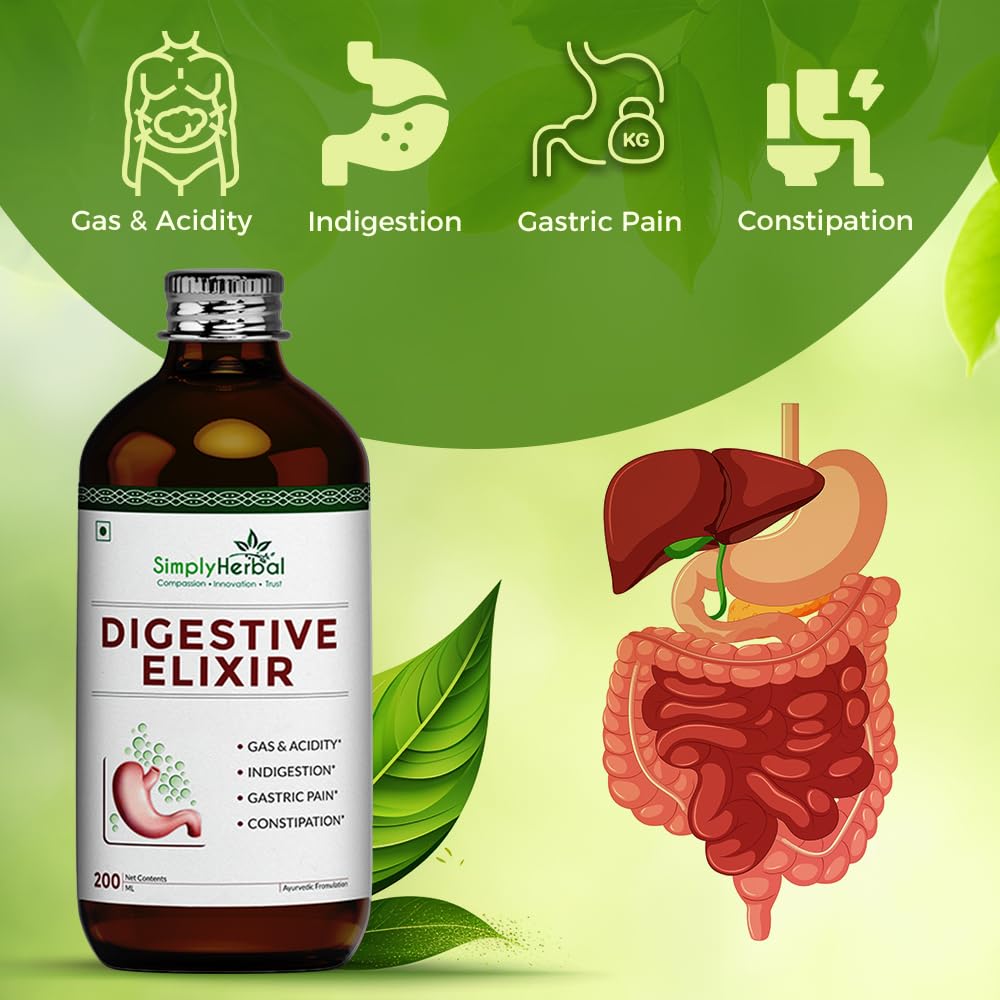 Simply Herbal Ayurvedic Digestive Elixir Syrup Tonic Enriched With 37 Digestion Enzymes Supplement for Gas & Acidity, Constipation, Bloating, and Improve Immune System - Pack of 1 (200ml Each)