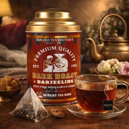 Sancha Dark Roast Darjeeling Tea | 25 Pyramid Bags | Roasted Darjeeling with Floral & Caramel Notes | Master Taster’s Selection