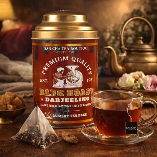 Sancha Dark Roast Darjeeling Tea | 25 Pyramid Bags | Roasted Darjeeling with Floral & Caramel Notes | Master Taster’s Selection