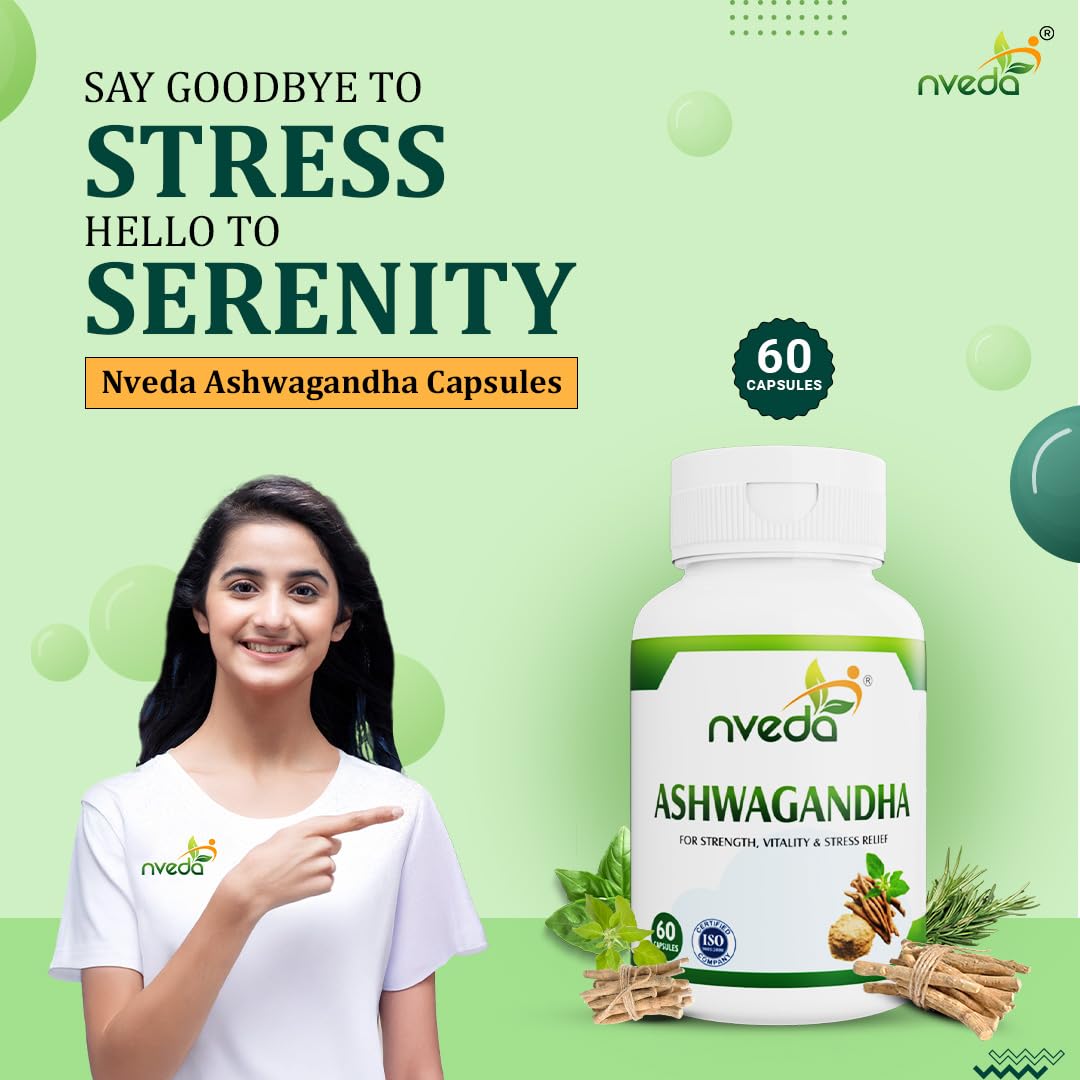 Nveda Ashwagandha Capsules | Stress Relief, Anxiety Support & Energy Booster Supplement | Ashwagandha for Men & Women for Stamina, Strength, Vitality & Immunity | Ayurvedic Ashwagandha Capsules | 60 Capsules