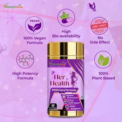 Vitaminnica Her Health PCOS Supplement for Women & Girls- Manages Irregular Delay Periods, PCOS Symptoms, Support Hormonal Balance, Weight Management | 60 Veg Capsules (Pack of 1)