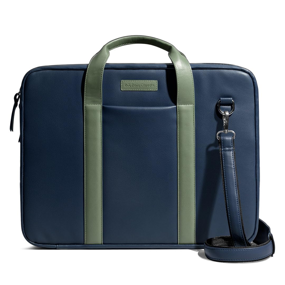 DailyObjects Unisex Blue Urban Classic Briefcase Vegan Leather Laptop Messenger Bag (13L) with Adjustable Straps | Zip Closure with Slip Pockets | Detachable Carry Pouch and A Large Storage|