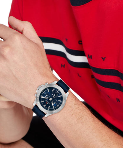 Tommy Hilfiger Men's Multifuction Stainless Steel & Navy Blue Silicone Strap Blue Dial Analog Watch