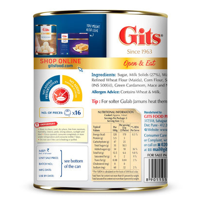 Gits Open & Eat Gulab Jamun Tin, 16 Pieces per Can, Mouth-Watering Indian Mithai, 1Kg