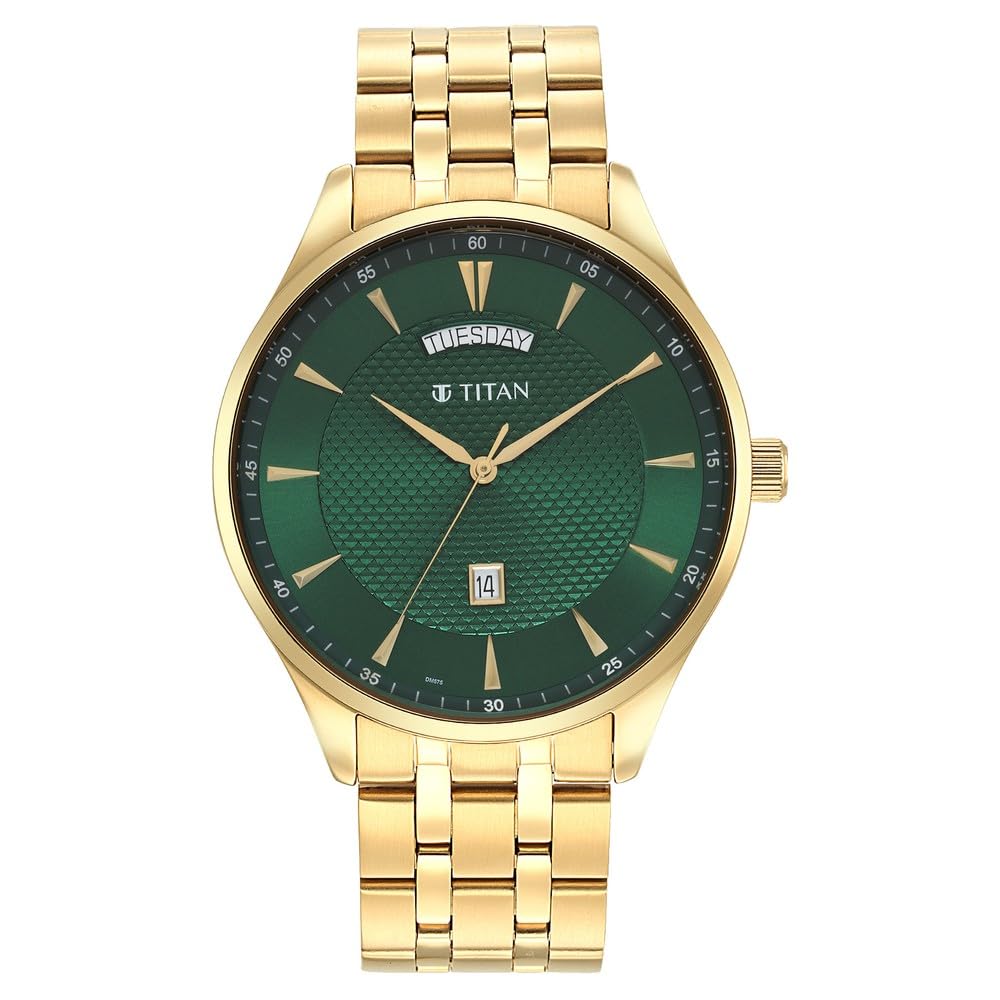 Titan Opulent LII Quartz Analog with Day & Date Green Dial Gold Stainless Steel Strap Watch for Men - NT90127YM03