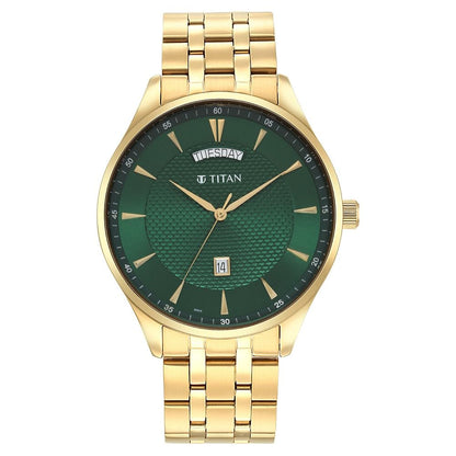 Titan Opulent LII Quartz Analog with Day & Date Green Dial Gold Stainless Steel Strap Watch for Men - NT90127YM03