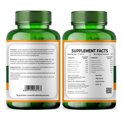 Divya Himalayan Collagen Support Supplement, 60 Tablets, Skin Health, Joint Flexibility, Hair Strength, Herbal Blend, Vitamin C, Biotin, Silica.