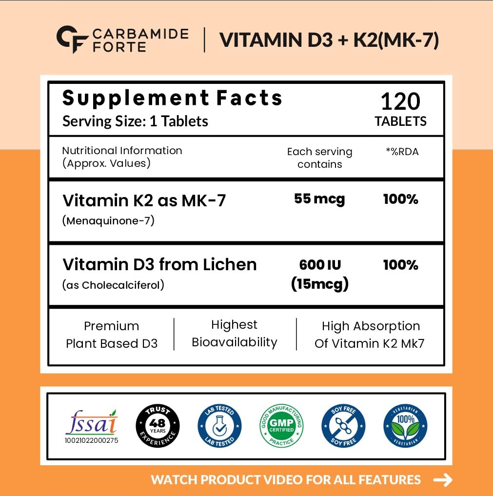 Carbamide Forte Vitamin D3 K2 MK7 | Plant Based Veg Vitamin D Supplement Lichen Source with Vitamin K2 MK7 Menaquinone for Men & Women - 120 Veg Tablets