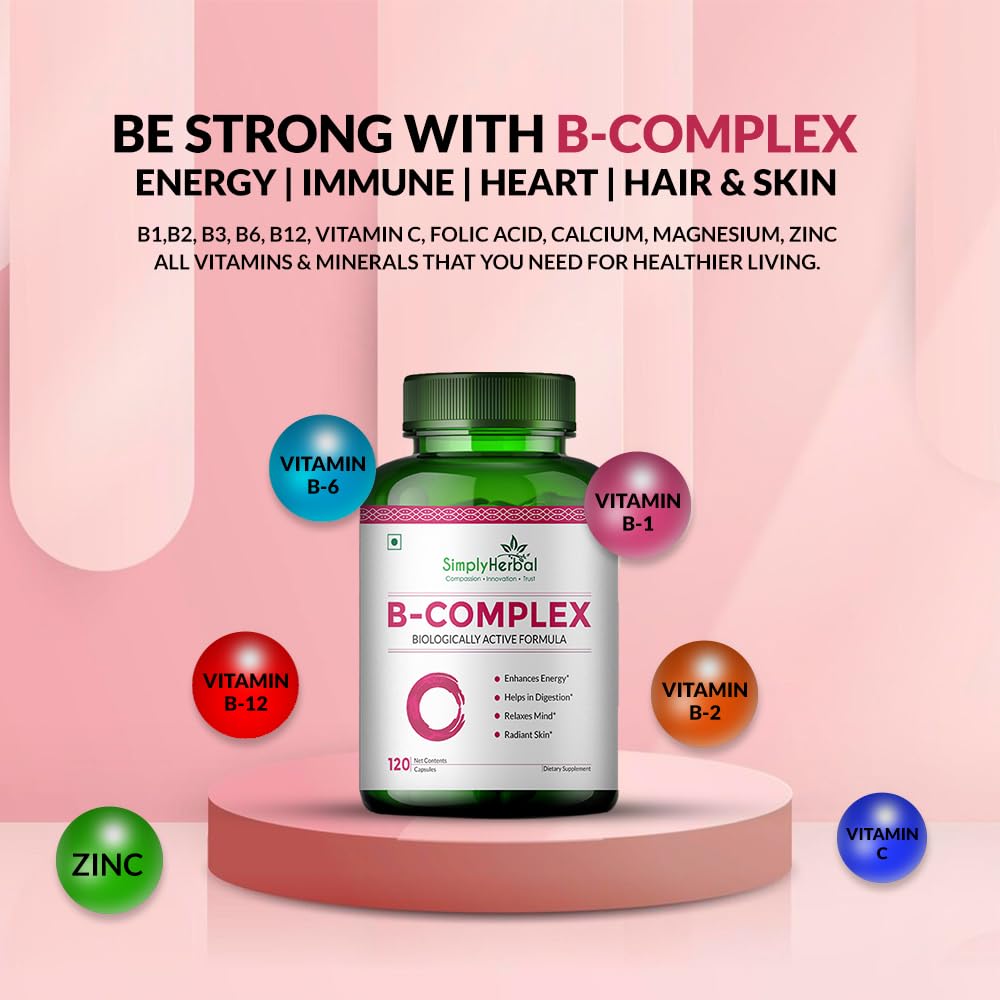 Simply Herbal Vitamin B Complex Capsules with RDA for B12 Supplement for Hair Growth Metabolism & Support Healthy Brain Function (120 Capsules)