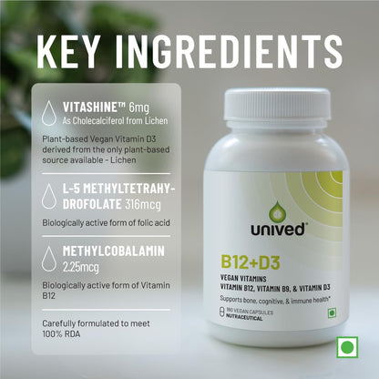 Unived B12+D3 | Methylcobalamin (98%), Methyltetrahydrofolate (5-MTHF), Vitamin D3 (Cholecalciferol) | Bone, Cognitive, Immune, & Cardiovascular Support | 180 Capsules