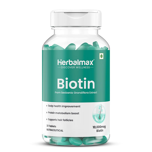 Herbalmax Biotin Tablets for Hair Growth | 10000 mcg Biotin Tablet with Sesbania Grandiflora Extract – Hair Strength & Vitamin B7 Hair Care for Men & Women | 30 Veg Tablets