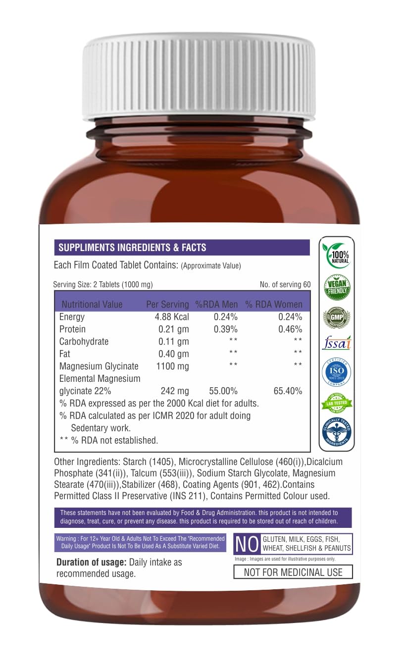 The Body Reserve Magnesium Glycinate Supplement - 120 Veg Tablets, 1100mg Per Serving, High Absorption Chelated Form - Muscle & Nerve Health, Relaxation for Men & Women