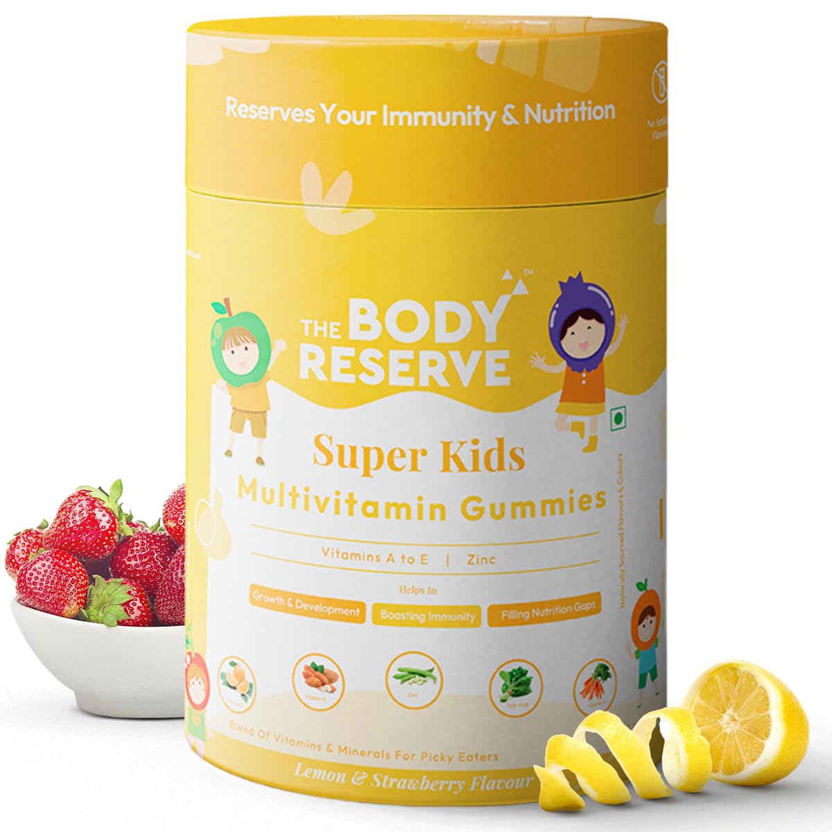 The Body Reserve's Super Kids Multivitamin Gummies Daily Essential Vitamins B C D E B12 & Zinc for Kids Growth, Development, Strong Bones, Teeth & Immunity Lemon and Strawberry Flavoured 30 Gummies