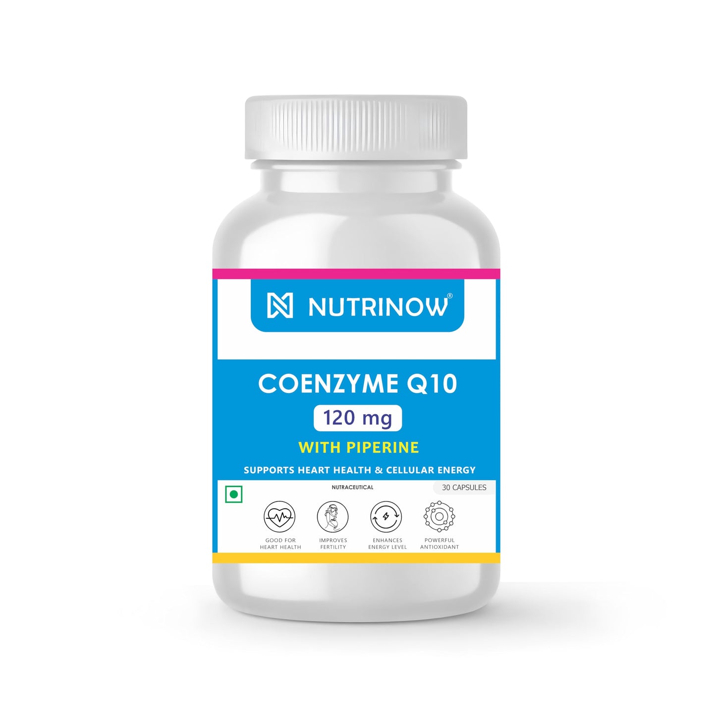 Nutrinow Coenzyme Q10 (CoQ10) 120 mg with Piperine | High Absorption Antioxidant Supplement for Cellular Energy, Heart & Muscle Wellness | 30 Veg Capsules