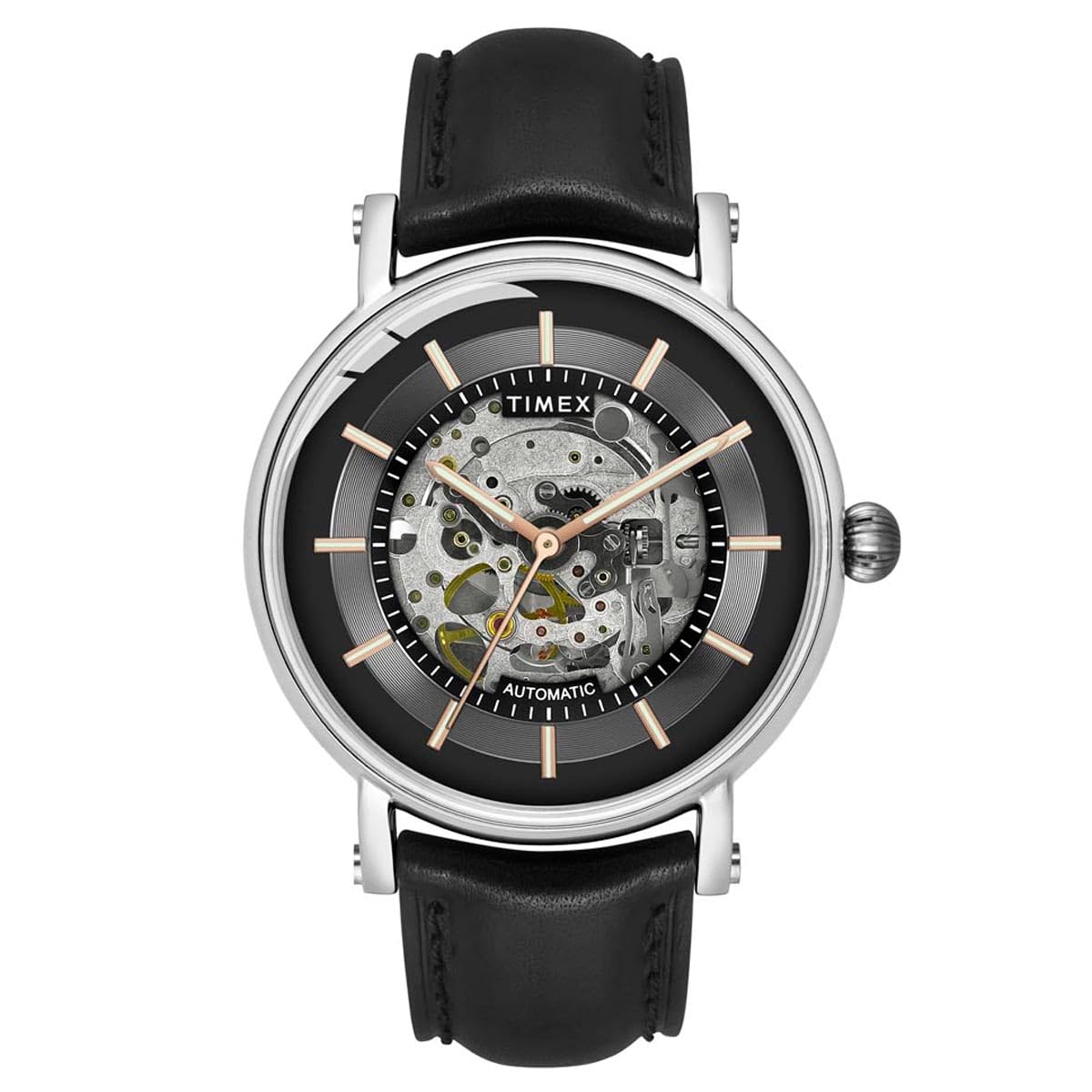 TIMEX Automatic Analog Watch for Man with Black Round Dial & Black Leather Strap Band Water Resistant Men's Wrist Watches - TWEG16716