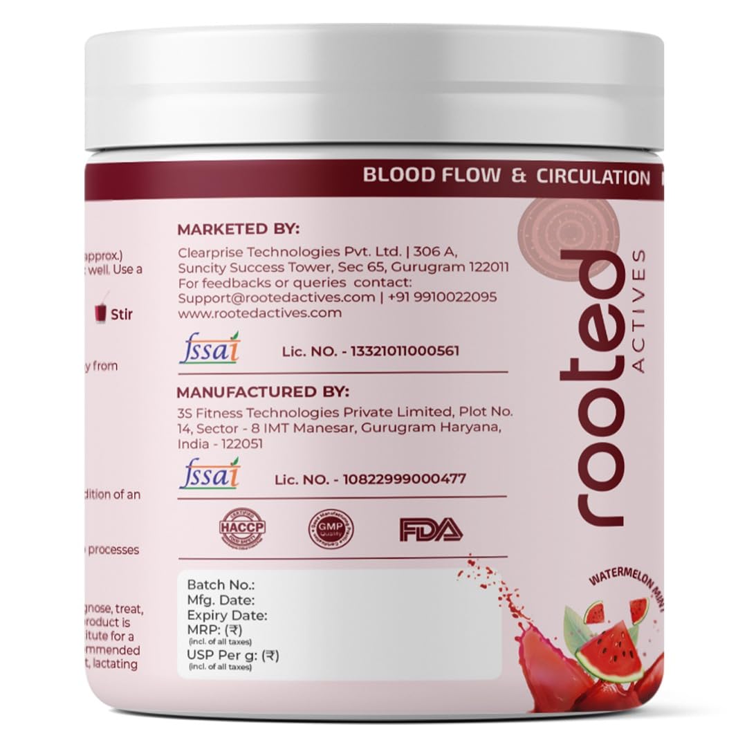 Rooted Actives Power Beets | Beetroot Powder with BCAAs, L-Arginine, L-Carnitine & Resveratrol | Watermelon Mint Flavour | Zero Added Sugar | 5-in-1 Superfoods Blend | 25 Servings | 250g | Powder