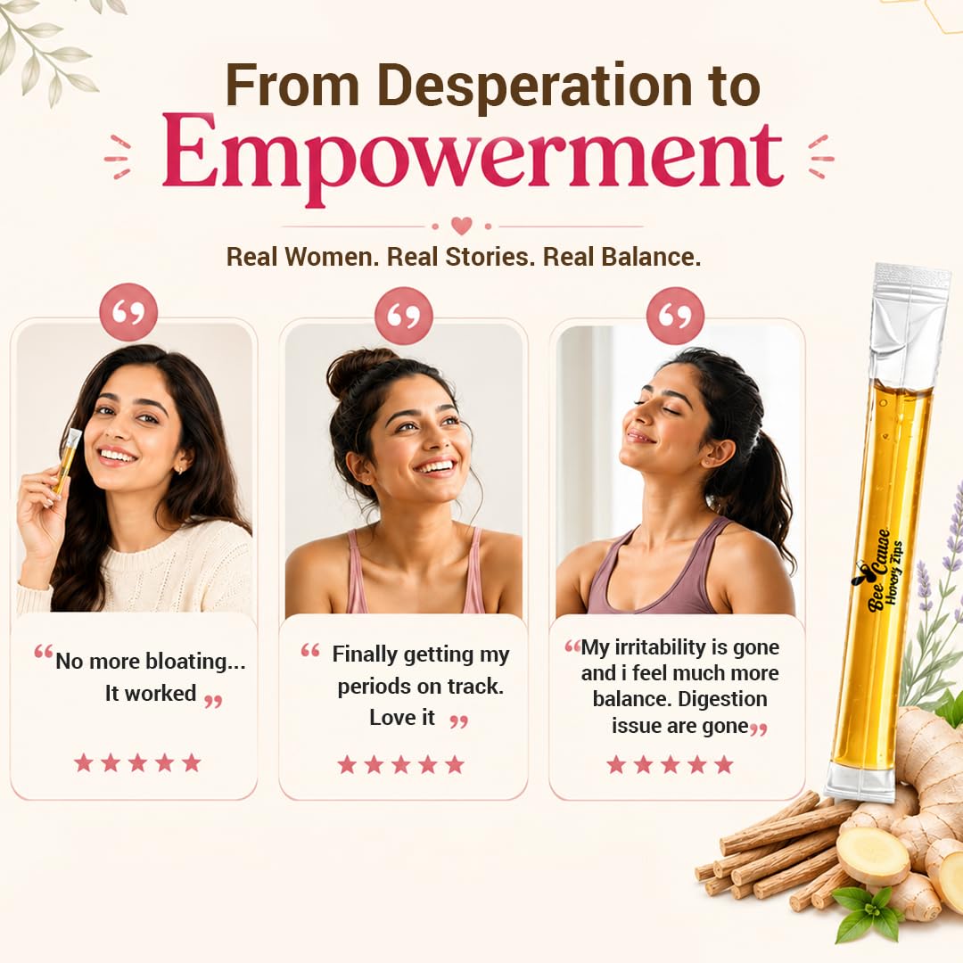 BeeCause HerHarmony Honey Zips for Women | Hormonal Balance Supplement Alternate with Shatavari, Ashoka, Ginger & Black Cohosh | Supports PCOS & Menstrual Wellness | Better Cycle, Ease Pain- 30 Sachets(240g)