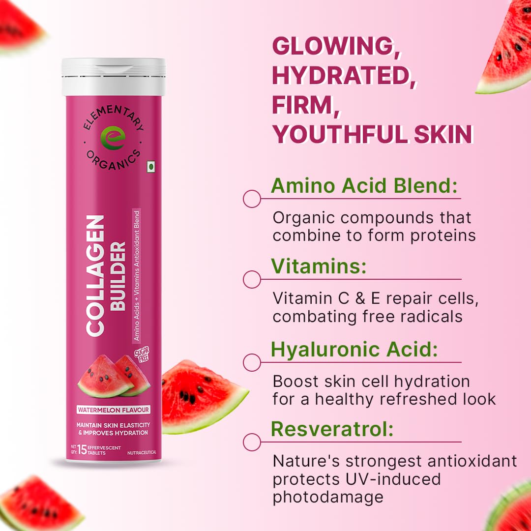 ELEMENTARY ORGANICS Glutathione With Collagen Tablets for Glowing Skin, Radiance, Skin Whitening & Anti Ageing | Hyaluronic Acid, Vitamin C & Vitamin E | 30 Effervescent Tablets