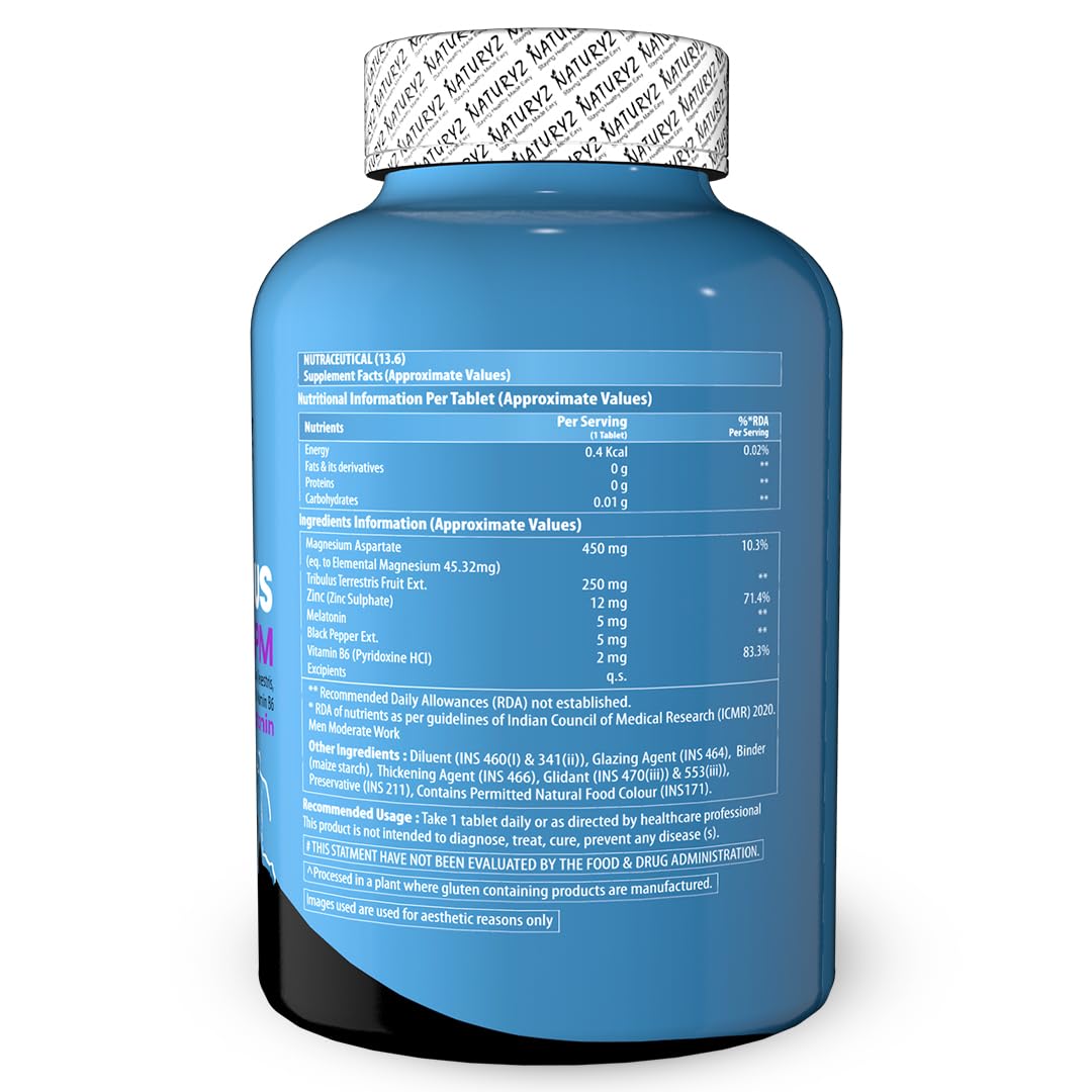 Naturyz Triple Strength ZMA Plus PM with Melatonin for Night Recovery & Muscle Strength Support Supplement with 450 mg Magnesium Aspartate, Tribulus, B6 & Black Pepper for Men - 60 Tablets