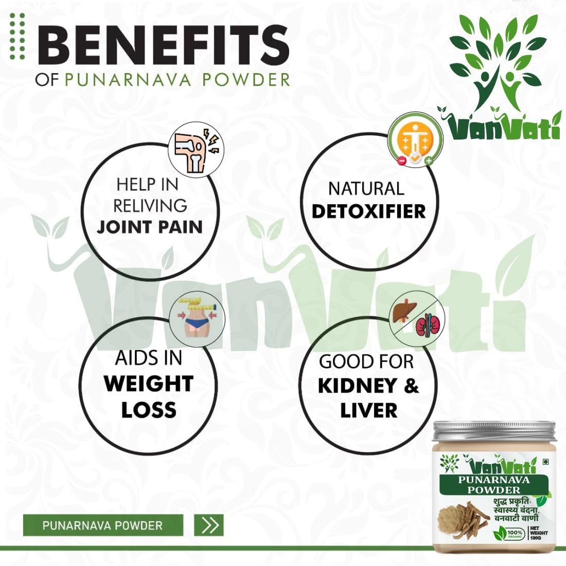 VANVATI Pure Punarnava Powder Herbal Powder For Kidney Health Care And Wellness 100gm