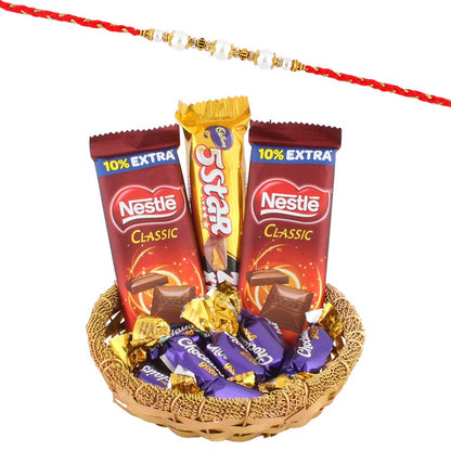SFU E Com Pearl Rakhi & Chocolate Hamper | Rakhi Chocolate Gift for Brother | Roli, Chawal, Chandan, Misri | 42