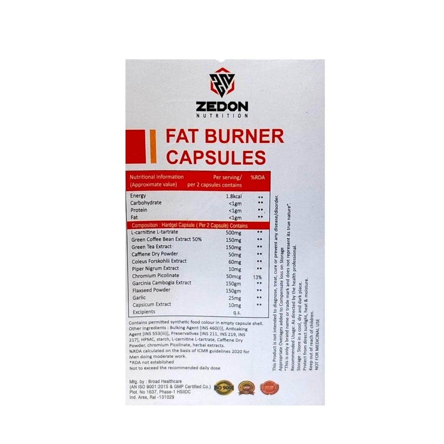 Zedon Nutrition Fat Burner Capsules, Advanced Weight Loss Formula with L-Carnitine, Garcinia Cambogia, Caffeine & Green Tea, Metabolism & Energy Booster for Men & Women