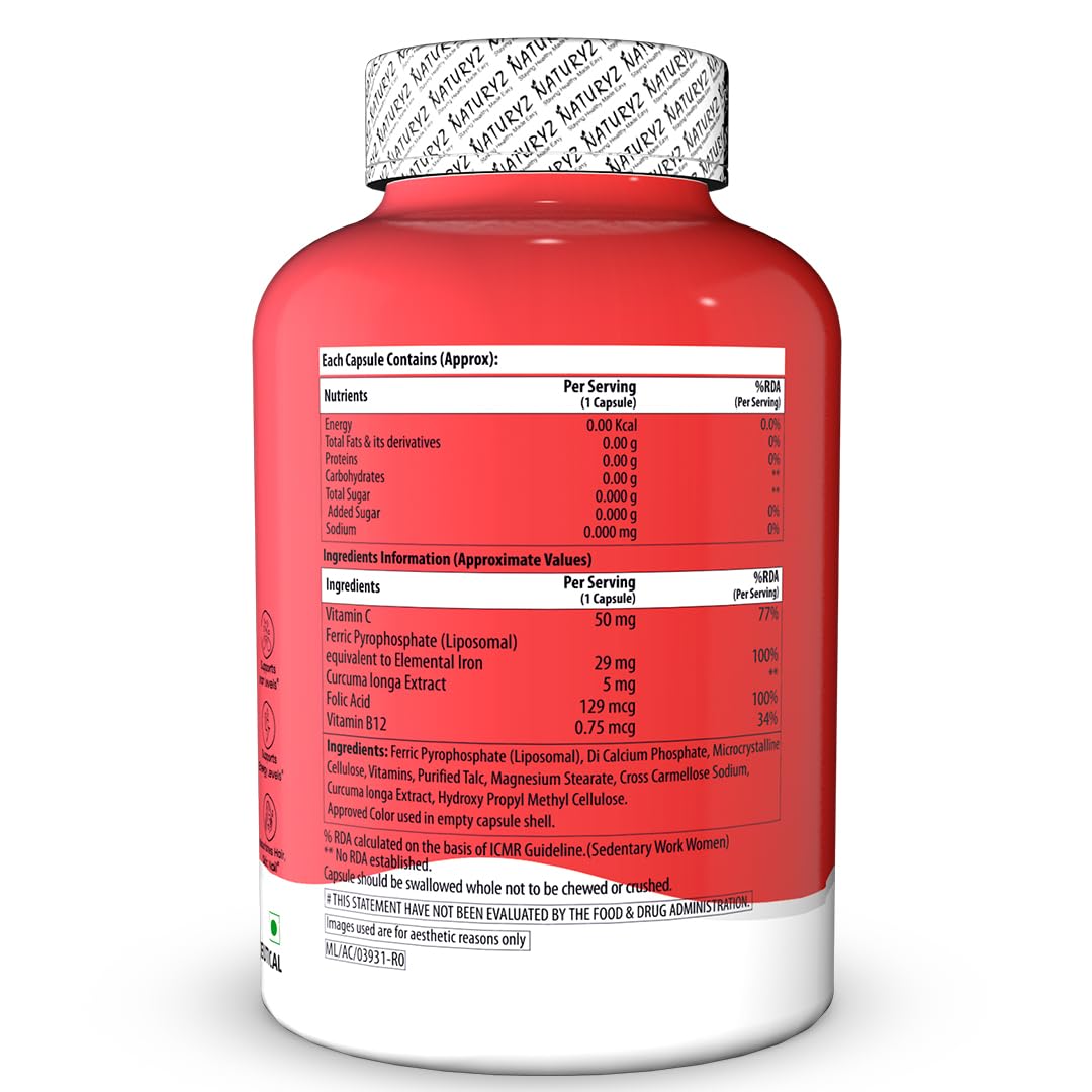 NATURYZ Liposomal Iron Capsules with Folic Acid, Vitamin B12, Vitamin C & Curcuma Longa | Liposomal Technology High Absorption Iron Supplement for Men & Women | Supports Hemoglobin, Energy & Immunity | Gentle on Stomach | 30 Veg Capsules