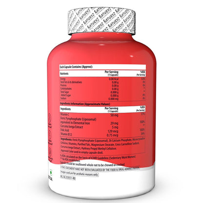 NATURYZ Liposomal Iron Capsules with Folic Acid, Vitamin B12, Vitamin C & Curcuma Longa | Liposomal Technology High Absorption Iron Supplement for Men & Women | Supports Hemoglobin, Energy & Immunity | Gentle on Stomach | 30 Veg Capsules
