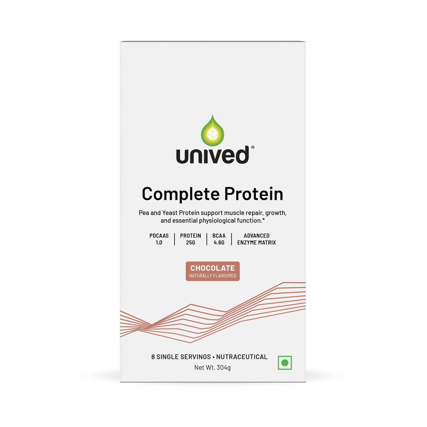 Unived Complete Protein - 25g Pea & Yeast Protein | PDCAAS 1.0 Complete Amino Acids | 6 Digestive Enzymes | (Box of 8, Chocolate)