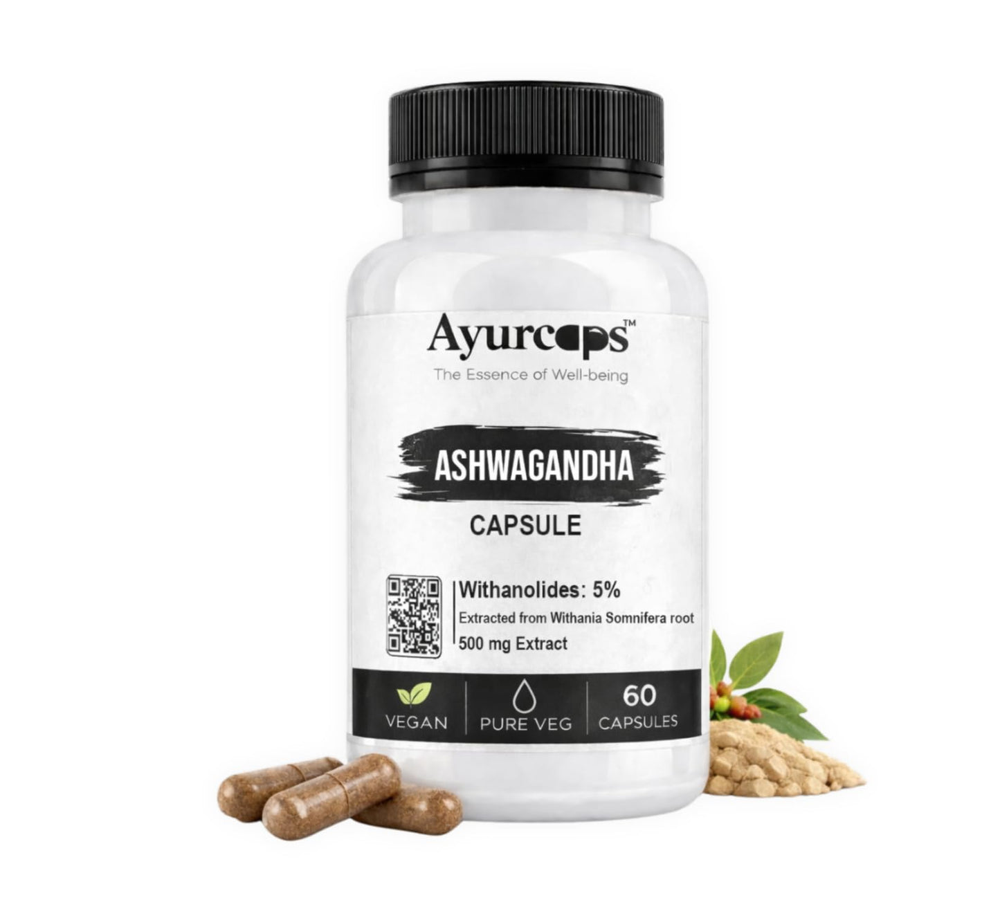 Ayurcaps Ashwagandha 60 Veg Capsules | Supports Stress Management And Natural Antioxidant| Boost Immunity, Energy And Vitality | Good For Mind And Body, No Preservatives (Pack of 1)