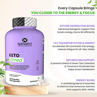 NATURYZ KETO SHRED Ketogenic Burner for Men & Women with MCT Oil, L-Carnitine, CLA, Green Tea, Chromium & B-Vitamins | Supports Ketone Generation, Metabolism & Clean Energy | Keto & Weight Management Support- 30 Veg Capsules