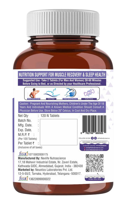 The Body Reserve Magnesium Glycinate Supplement - 120 Veg Tablets, 1100mg Per Serving, High Absorption Chelated Form - Muscle & Nerve Health, Relaxation for Men & Women