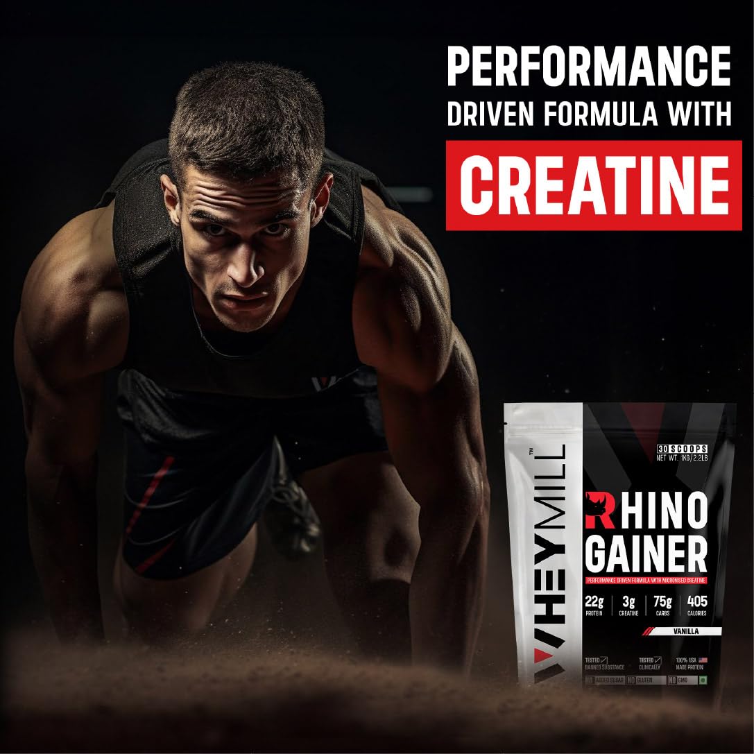 WHEYMILL Rhino Mass/Weight Gainer with Creatine Monohydrate | 1 Kg/2.2 Lb |30 Scoops, 380 Kcal, 22G Protein, 3G Creatine | Advance Gaining Formula | Vanilla,Powder