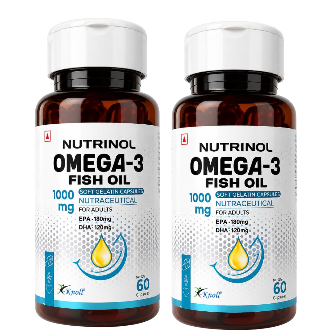 Knoll Nutrinol Fish Oil Omega 3 Capsules 1000mg | EPA & DHA Softgels for Heart, Brain, Bones & Joint Support | Daily Omega 3 Supplement for Men & Women | 60 Capsules (Pack of 2)